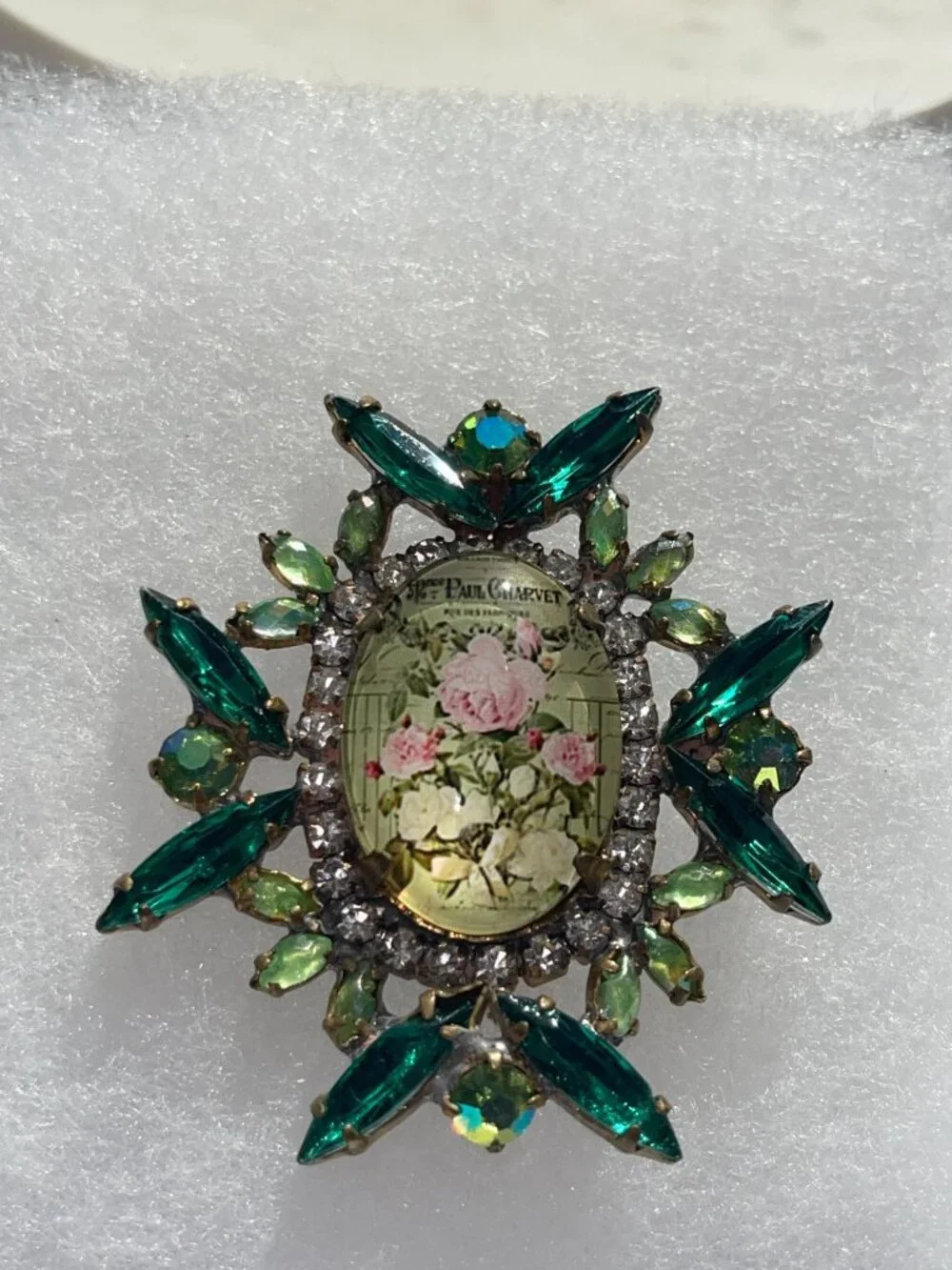 Vintage Czech Paul Charvet Floral Glass Brooch With Emerald Green Rhinestones Pi